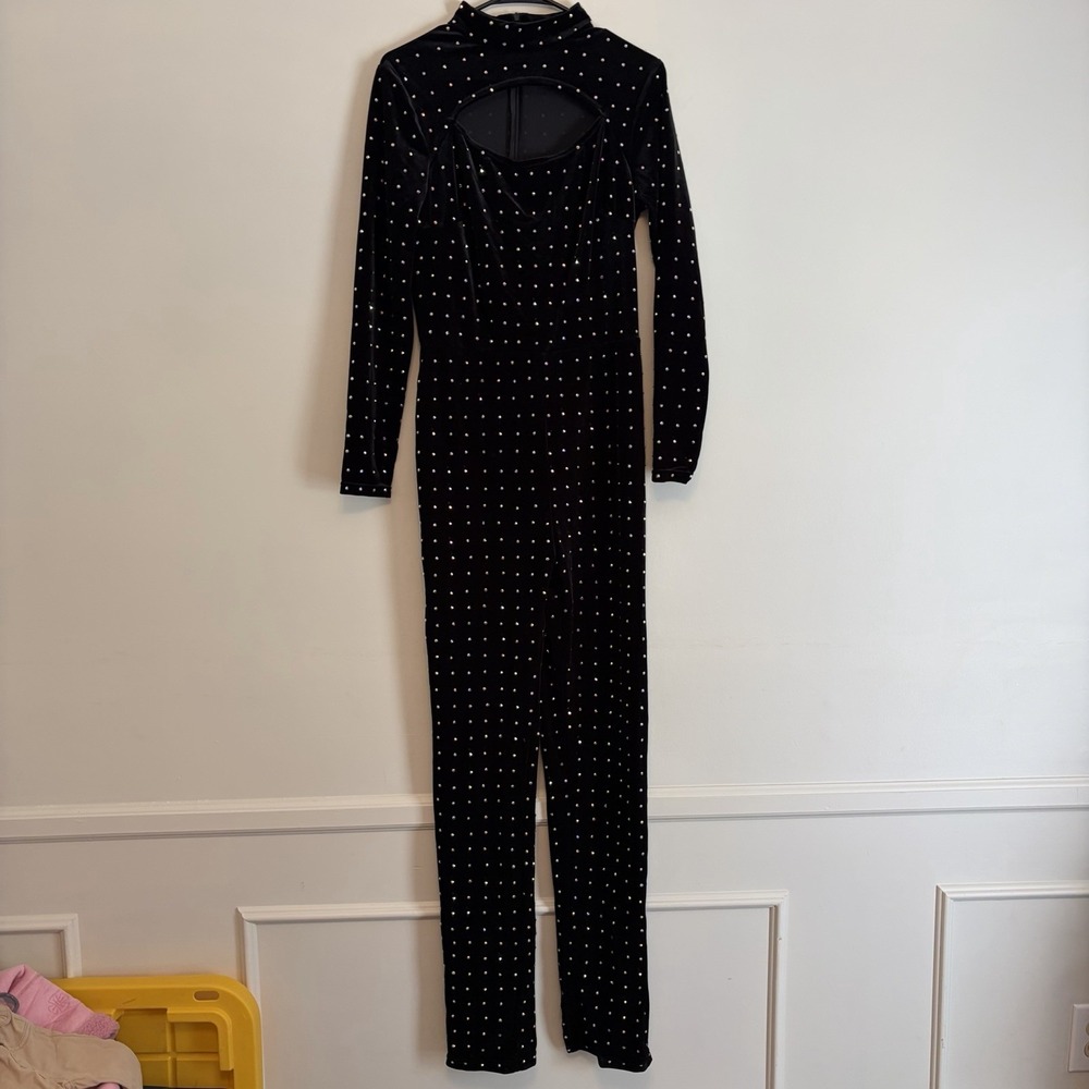 runway collection johnathan kayne Large Black velvet jumpsuit jewel Formal Party